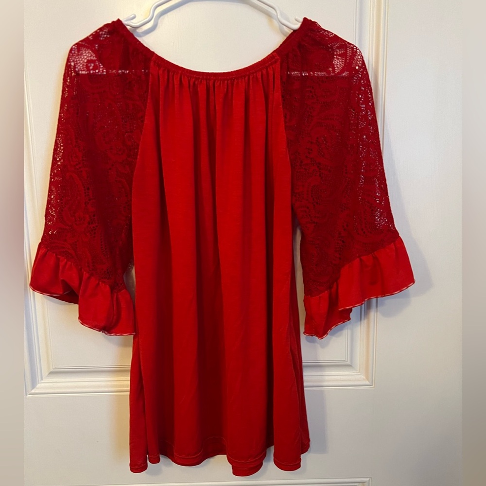 Red blouse with lace and ruffle type sleeves- size L—-XL according to the tag